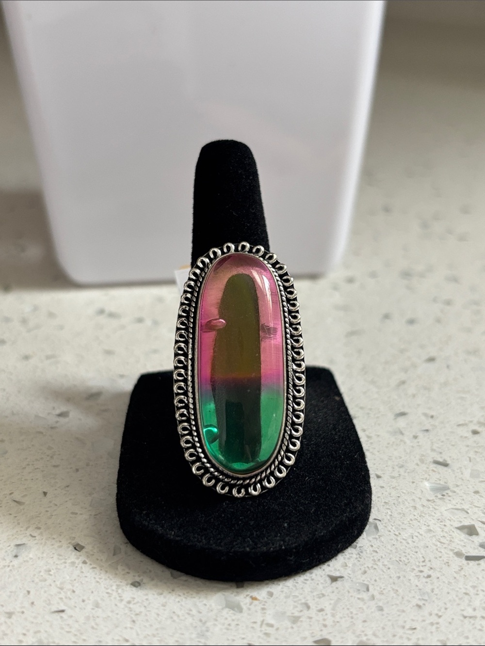 Silver Pink and Green Oval Bi Color Tourmaline Statement Ring Size 9